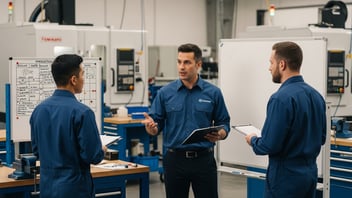 Operations manager reviewing a vendor scorecard with two team members in a CNC machine shop — production planning software evaluation with JITbase