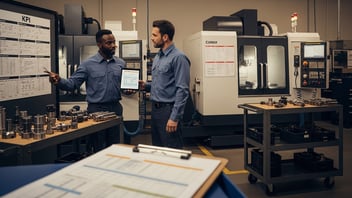 Operators reviewing a KPI dashboard on tablet and wall board in a CNC workshop, illustrating real-time shop-floor analytics and no-code production monitoring.