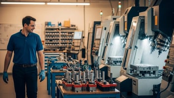 Production operator walking along CNC machines with prepared tooling fixtures, illustrating reduced manual interventions, automated workflows, and streamlined shop-floor operations with JITbase.