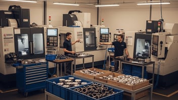 Atelier CNC avec plusieurs centres d’usinage en fonctionnement, deux opérateurs coordonnant les opérations, bacs de pièces usinées et gestion du WIP — environnement de production suivi en temps réel avec JITbase.