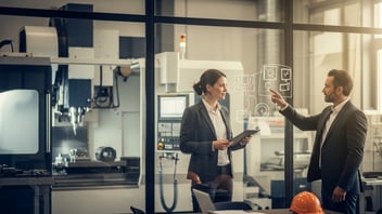 Responsable de production présentant un tableau de bord KPI TRS à la direction sur grand écran — suivi de la disponibilité, performance et qualité avec JITbase.