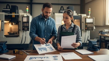 Responsable d'atelier et opératrice CNC examinant des graphiques de performance imprimés en atelier — tableau de productivité TRS avec JITbase