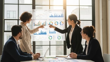Équipe examinant des tableaux de bord analytiques avec graphiques lors d'une réunion d'affaires