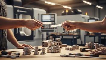 Shop-floor operators exchanging job cards beside CNC-machined parts, illustrating manual time tracking, timesheet handoffs, and the need for automated workforce data capture with JITbase.