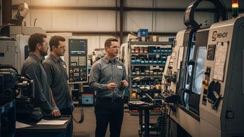 Production team reviewing machine operations on a CNC shop floor, illustrating workforce scheduling, shift coordination, and shop-floor task visibility in modern manufacturing.