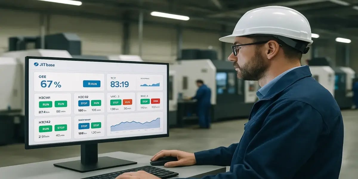 Production manager in a real machining workshop analyzing a JITbase dashboard showing machine performance and downtime insights.