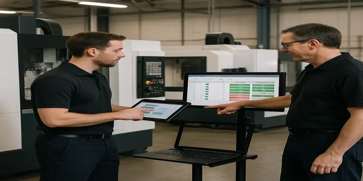 Deux opérateurs de production collaborant devant une machine CNC, analysant sur une tablette et un écran JITbase l’avancement des jobs et la charge de travail dans un atelier d’usinage moderne