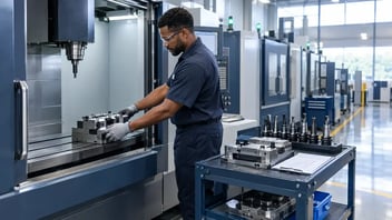 Machiniste installant un montage préparé à l'avance sur un centre d'usinage : réduire le temps de changement de série avec JITbase