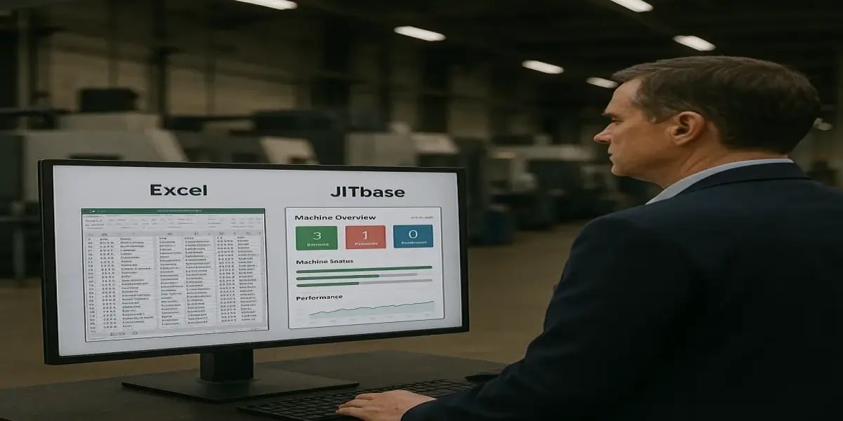 Responsable d’usine analysant un écran d’ordinateur affichant à gauche un tableau Excel rempli de données de production et à droite un tableau de bord JITbase avec indicateurs et graphiques en temps réel dans un atelier industriel moderne.