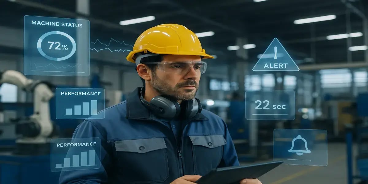 Connected Worker concept showing machine data overlays around an operator in a modern manufacturing environment.