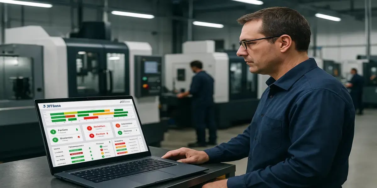 “Production supervisor reviewing a real JITbase dashboard on a laptop in a CNC machining workshop.