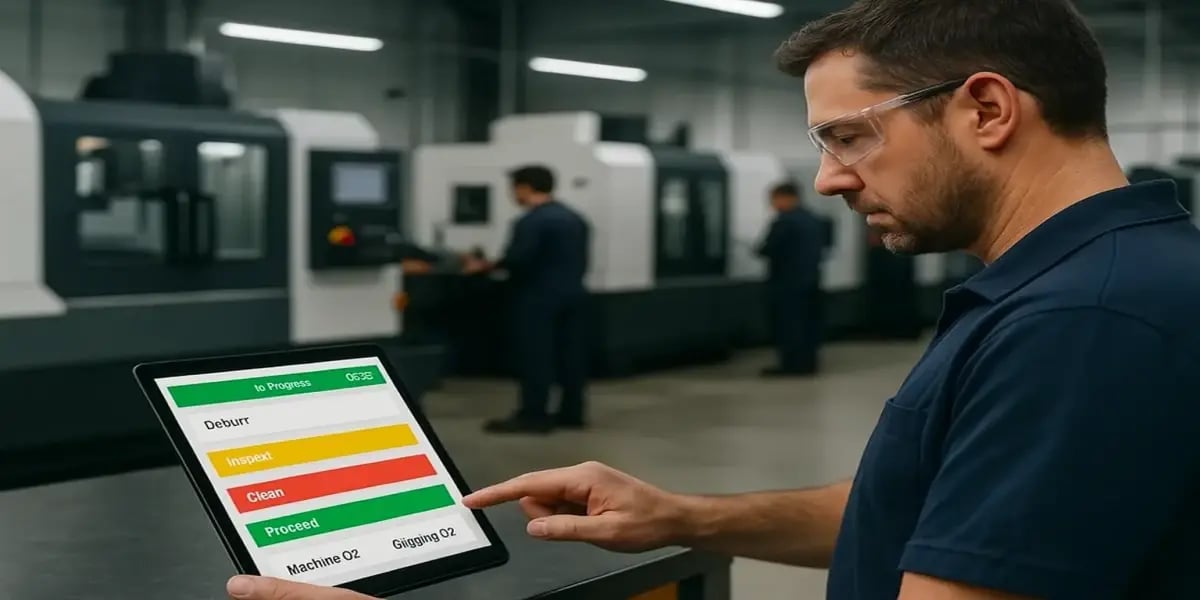 Production supervisor reviewing a real JITbase dashboard on a laptop in a CNC machining workshop.
