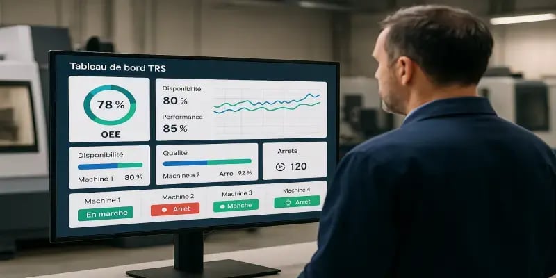 Superviseur analysant un tableau de bord TRS JITbase en temps réel, montrant la disponibilité, la performance, la qualité et l’état des machines CNC dans un atelier industriel.