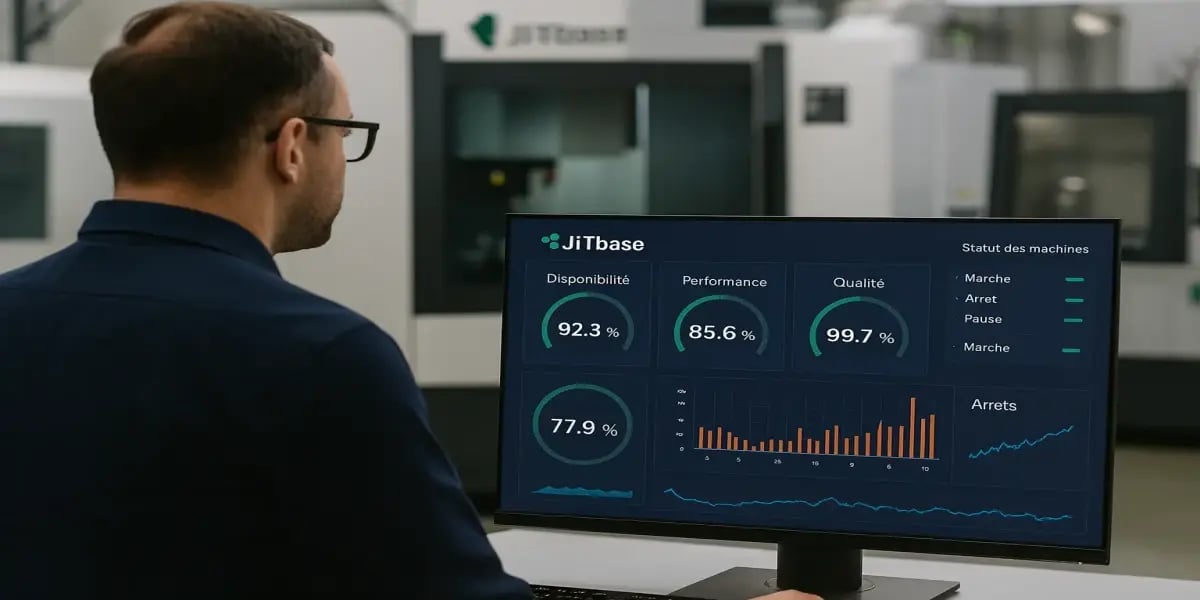 Superviseur analysant un tableau de bord TRS JITbase en temps réel, montrant la disponibilité, la performance, la qualité et l’état des machines CNC dans un atelier industriel.