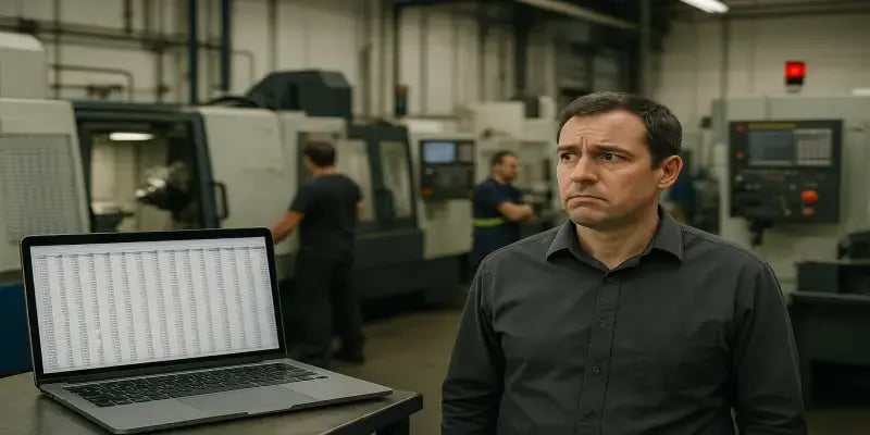 Supervisor reviewing a static Excel planning sheet while the machining shop floor behind him shows real-time issues, highlighting the gap between Excel planning and actual production reality that JITbase resolves.