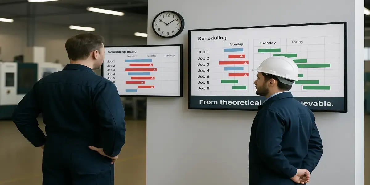 Two production supervisors reviewing two digital dashboards in a bright factory, showing theoretical and optimized production schedules side by side with sharp details and enhanced clarity.