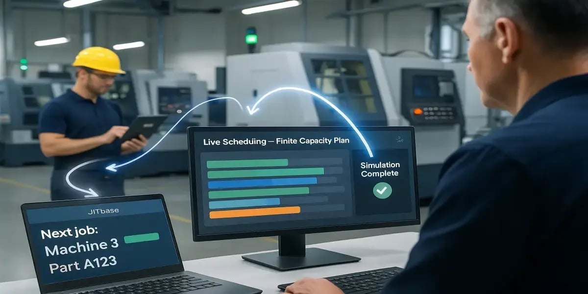 Manufacturing supervisor monitoring a live finite-capacity scheduling dashboard recalculated in real time, while an operator checks next job details on a tablet connected to JITbase in a modern CNC workshop.