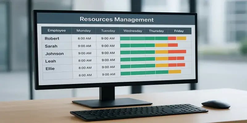 Tableau de gestion des ressources JITbase montrant la disponibilité et la charge de travail des employés.