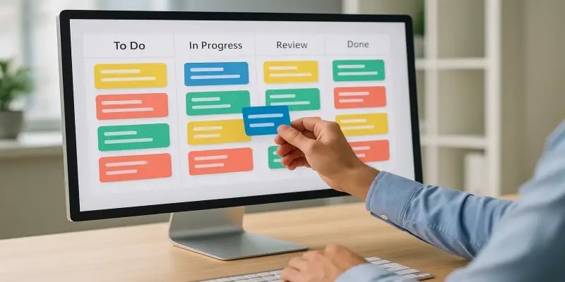Tableau Kanban affichant la gestion des tâches dans un logiciel de planification JITbase.
