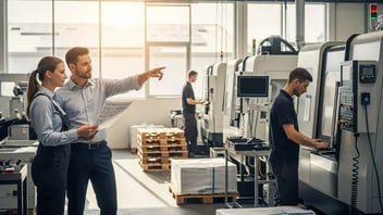 Deux professionnels d'atelier CNC examinant un document de planification devant des machines-outils en production