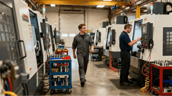 Deux machinistes CNC au travail dans une rangée de machines-outils en atelier — suivi en temps réel avec JITbase