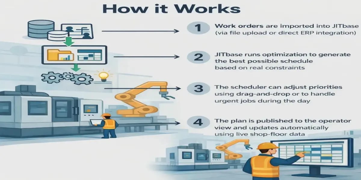 Industrial workshop with operators and machines illustrating JITbase’s workflow: real-time data collection, automated constraint analysis, instant optimized planning, and a live visual schedule updated as conditions change.