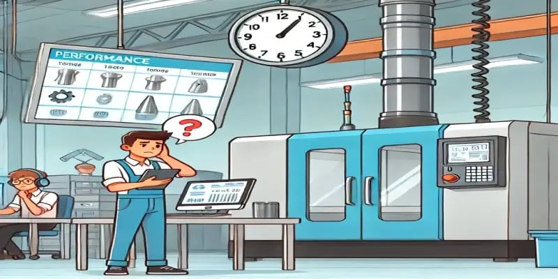 Illustration d’un opérateur devant une machine CNC cherchant à comprendre les performances affichées, mettant en évidence le manque de visibilité en temps réel que JITbase permet d’éliminer.
