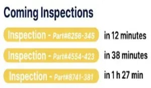 Tableau des inspections à venir indiquant trois contrôles programmés : Part#6256-345 dans 12 minutes, Part#4554-423 dans 38 minutes et Part#8741-381 dans 1 h 27 min.
