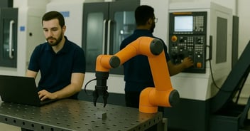 Atelier de fabrication avec bras robotisé orange sur table perforée, opérateur travaillant sur ordinateur portable et technicien devant une CNC en arrière-plan
