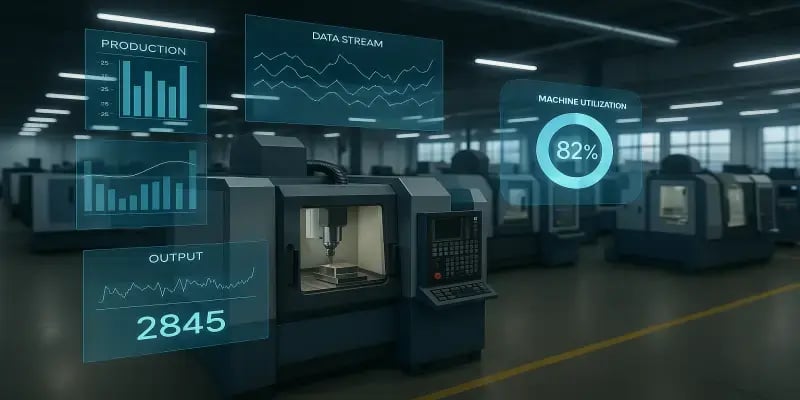 Machine CNC dans une usine intelligente JITbase affichant des indicateurs de production en temps réel, incluant le taux d’utilisation, l’output, et les graphiques de performance en réalité augmentée.