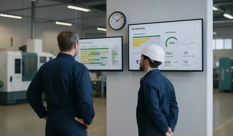 Engineers reviewing live production dashboards in a factory, symbolizing JITbase’s 48-hour deployment with dynamic scheduling and real-time performance analytics.