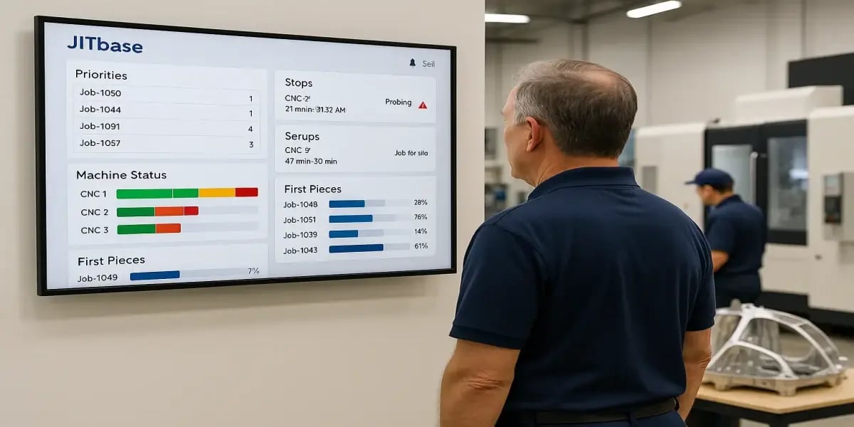 Aerospace production supervisor reviewing a real-time JITbase dashboard showing machine status, priorities, stops, and first-piece progress on a large screen inside a CNC machining workshop.