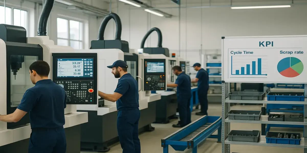 Atelier CNC utilisant des données en temps réel pour suivre le temps de cycle et le taux de rebut, illustrant comment JITbase améliore la performance machine et la gestion des ressources grâce à une visibilité continue.