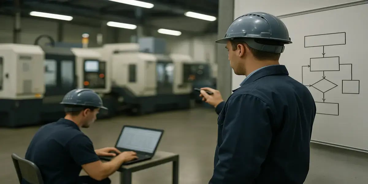 Two shop floor operators working with outdated tools, one reviewing a manual flowchart on a whiteboard and the other using a laptop with Excel, illustrating the lack of real-time visibility before adopting JITbase.