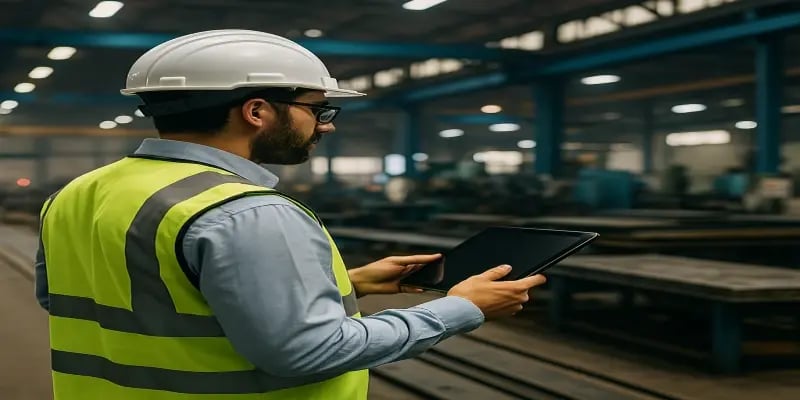 Opérateur connecté dans une usine utilisant une tablette pour consulter l’état de production et les données d’atelier en temps réel, illustrant les flux numériques modernisés grâce à JITbase.