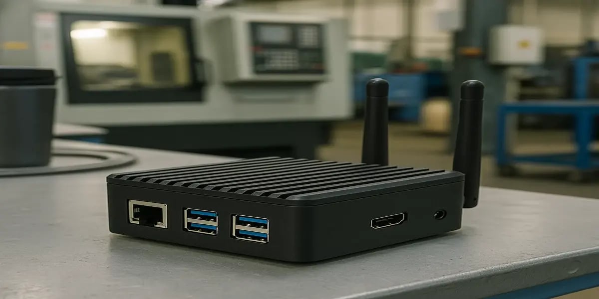 Compact edge device on a machining shop floor, used to connect CNC machines and send real-time data to JITbase dashboards.