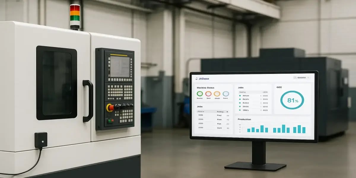 JITbase dashboard displayed in a real CNC workshop, showing simple plug-and-play machine connectivity for fast Light MES deployment.
