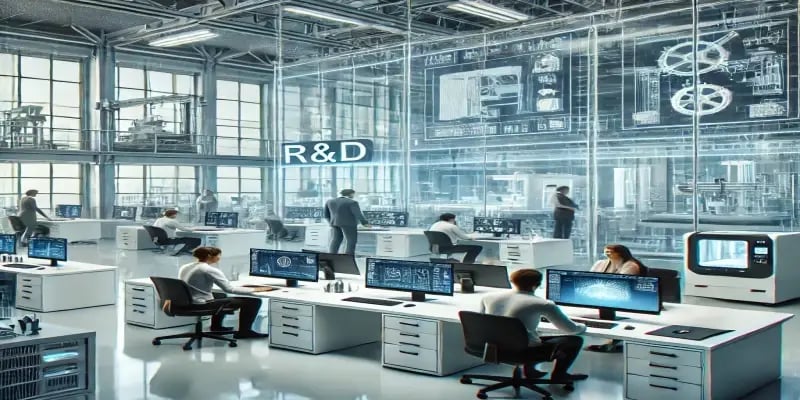 Industrial R&amp;D environment with engineers using advanced digital interfaces similar to JITbase planning and monitoring tools.