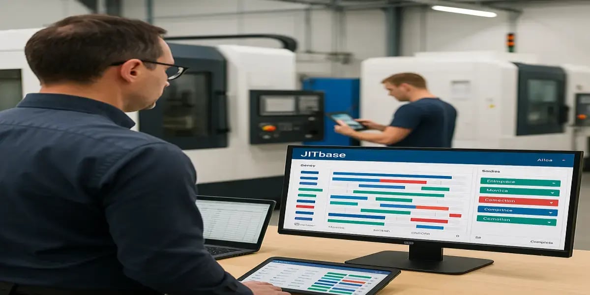 Supervisor reviewing a JITbase production dashboard while a CNC operator uses a tablet in a real industrial machine shop, illustrating seamless digital integration across tools.