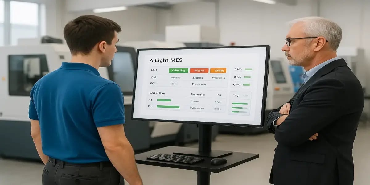 Supervisor and operator reviewing a JITbase-style real-time production dashboard showing machine status, live progress bars, and dynamic scheduling in a modern CNC workshop.