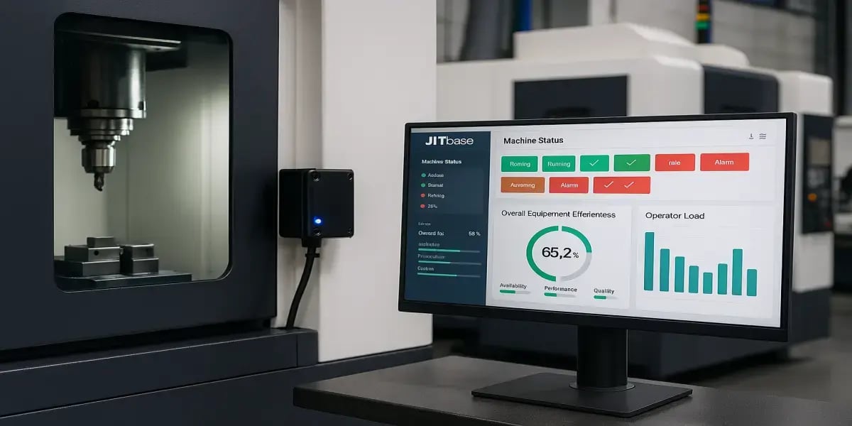 CNC machine connected to a JITbase dashboard showing real-time machine status, efficiency, and operator load in a modern machining workshop.