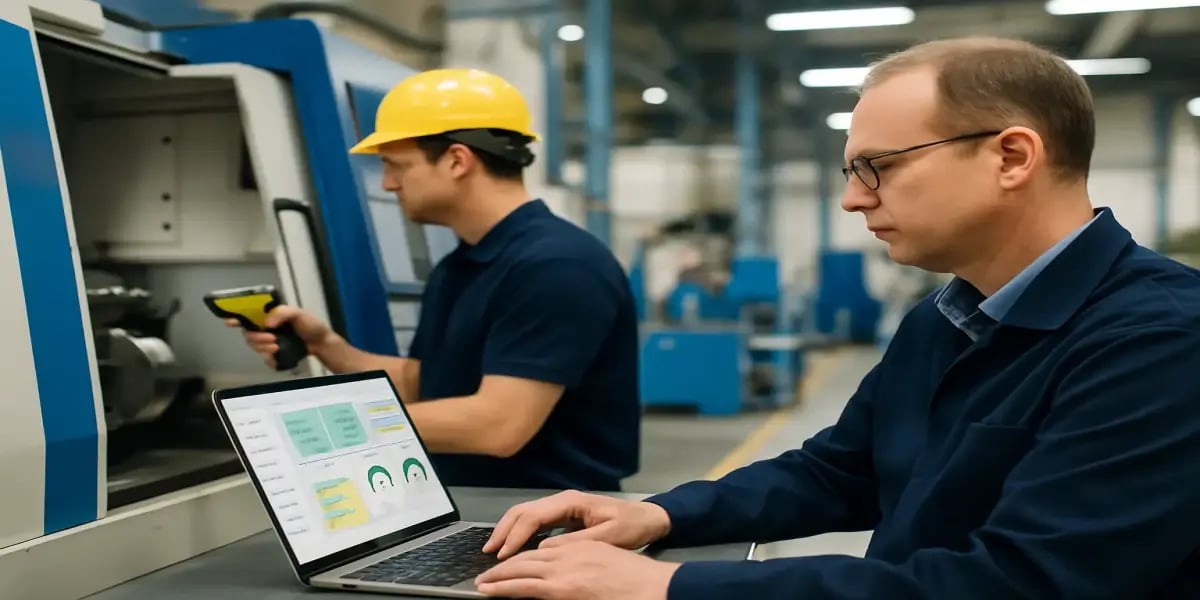 JITbase illustration showing a production supervisor analyzing a live dashboard on a laptop while an operator scans a barcode at a CNC machine in a real industrial environment, representing connected production tracking and real-time visibility.