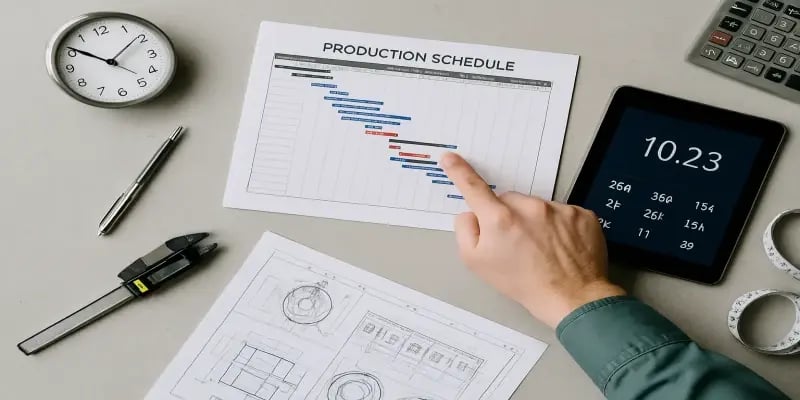 Main pointant un planning de production statique imprimé, entouré de plans techniques et d’outils manuels, illustrant les superviseurs et opérateurs qui jonglent avec des plans figés dans Excel, un manque de visibilité en temps réel, des priorités floues qui perturbent la production JITbase.