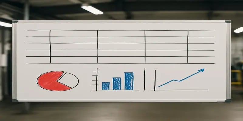 Whiteboard in an industrial workshop displaying hand-drawn charts—a pie chart, bar graph, and trend line—representing basic production and performance tracking inspired by JITbase metrics.