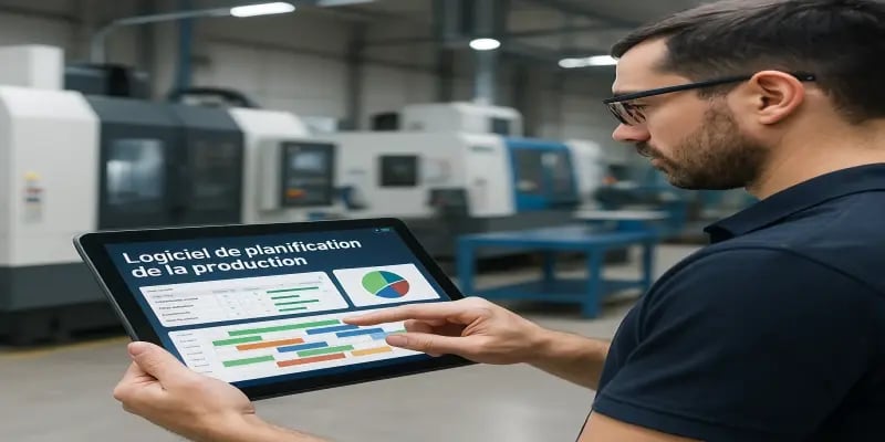 Operator in a machining workshop using a tablet with a scheduling interface inspired by JITbase production planning dashboards.