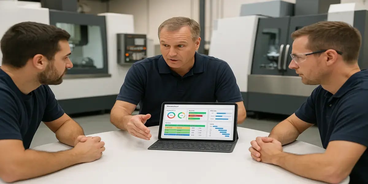 Production supervisor and machine operators discussing real-time JITbase dashboards on a tablet during a team meeting inside a CNC machining workshop.