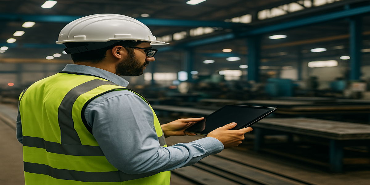 Industrial supervisor wearing PPE and reviewing production data on a tablet, with an interface inspired by JITbase.