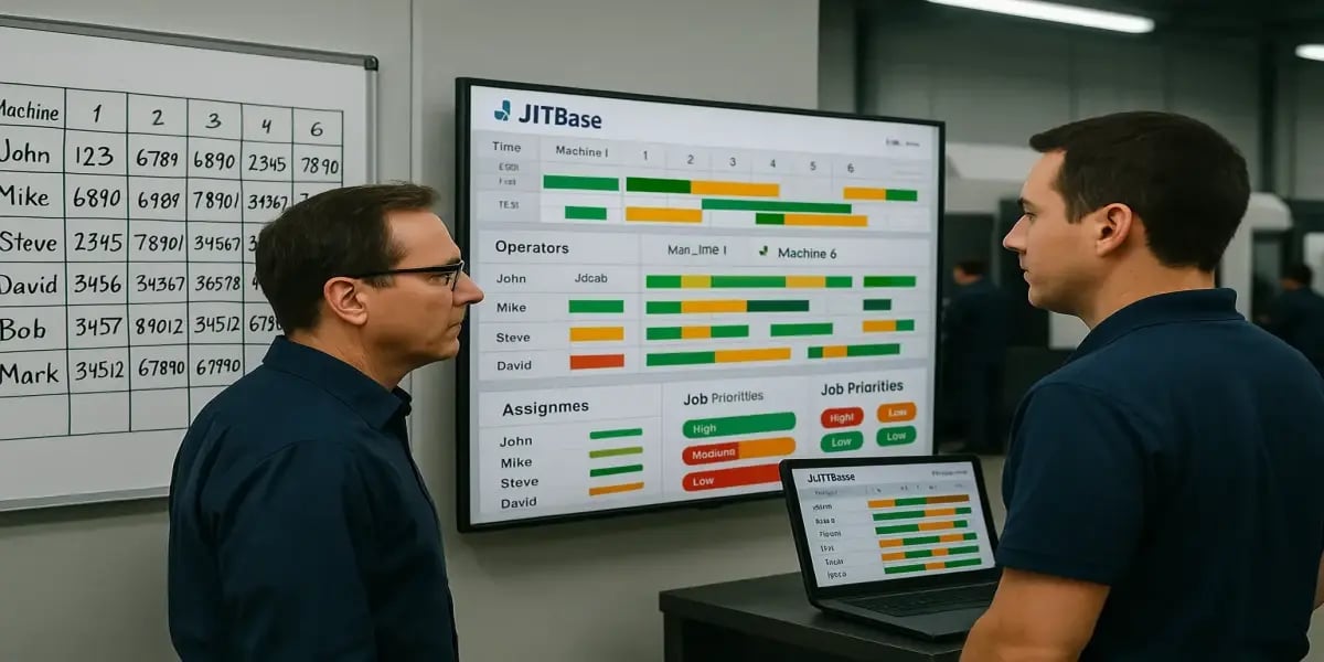 Production supervisor observing operators using JITbase dashboards for real-time coordination in a machining environment.