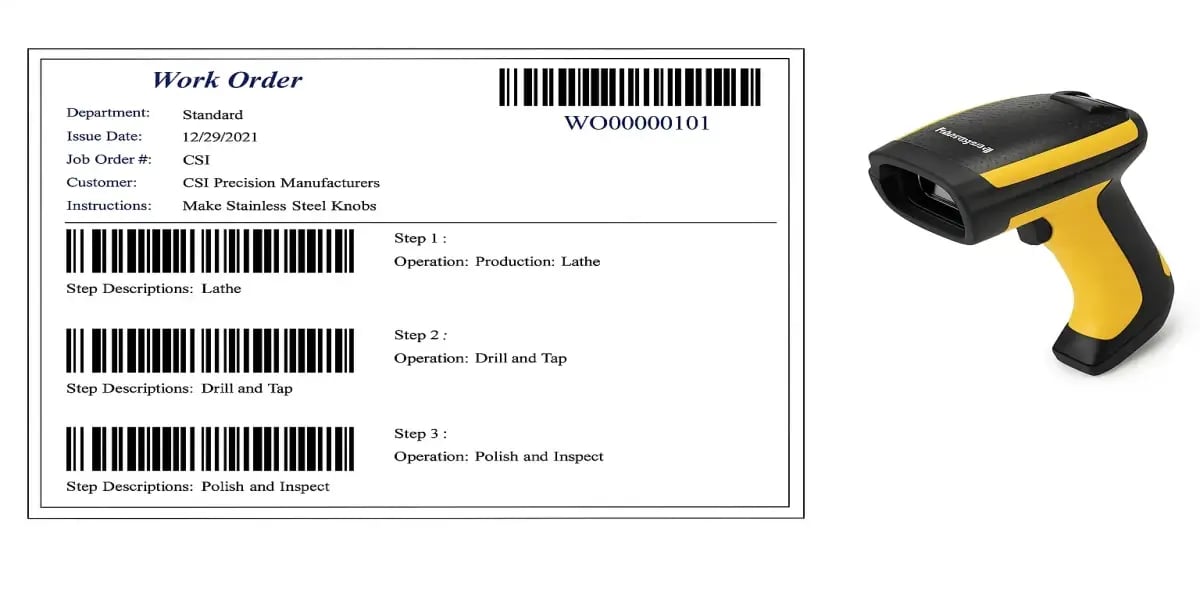 JITbase illustration showing a clear work order document with barcodes and a yellow-black barcode scanner used for production tracking in a connected manufacturing environment.