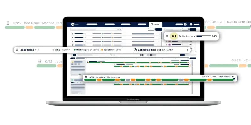 Computer screen showing JITbase production planning and scheduling module with machine tasks, estimated times, and operator activities in an interactive graphical interface.